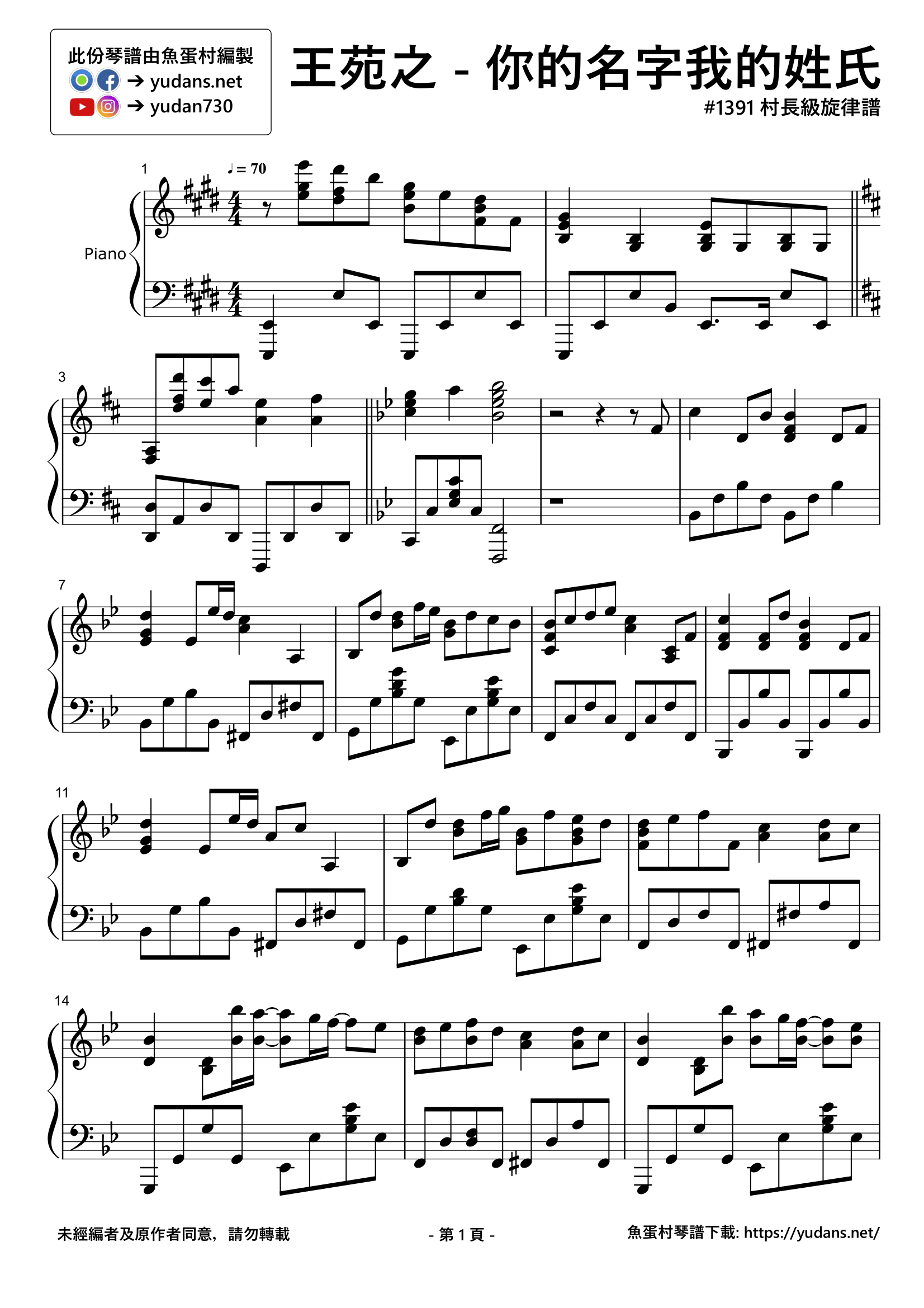 妳的名字我的姓氏 Stave Sheet Page 1