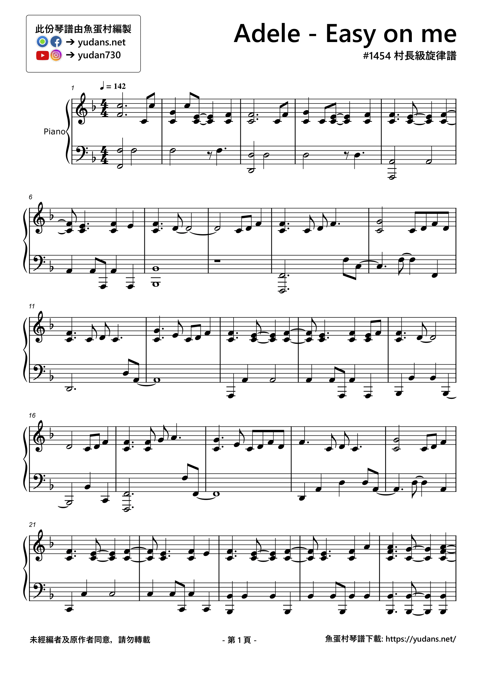 Easy on me Stave Sheet Page 1