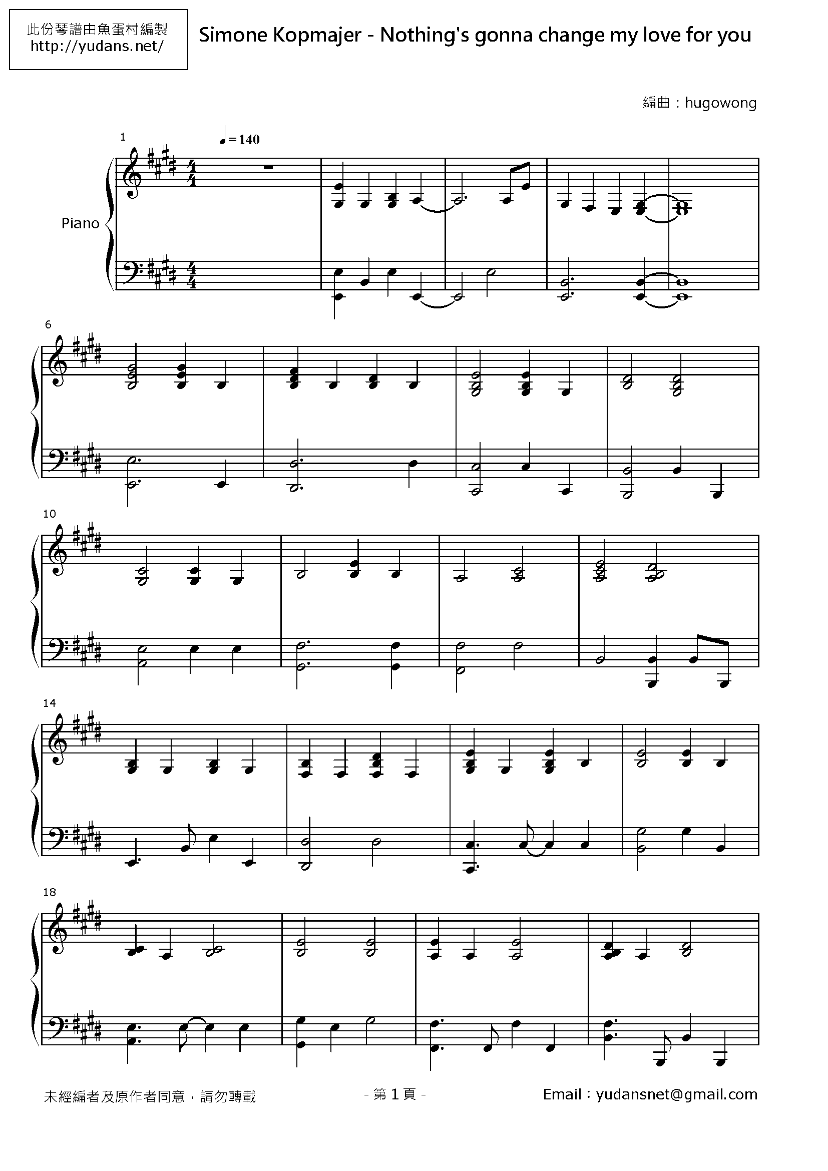 Nothing's gonna change my love for you Stave Sheet Page 1